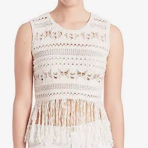 BCBG bohemian crochet fringe knit top